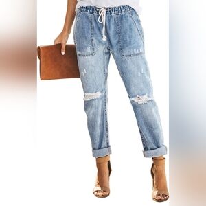 Women's Distressed Dark Blue Pull-on Denim Jeans